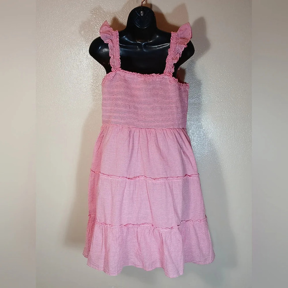 J Crew Striped smocked tiered mini dress in pink/white size Large - Picture 4 of 13